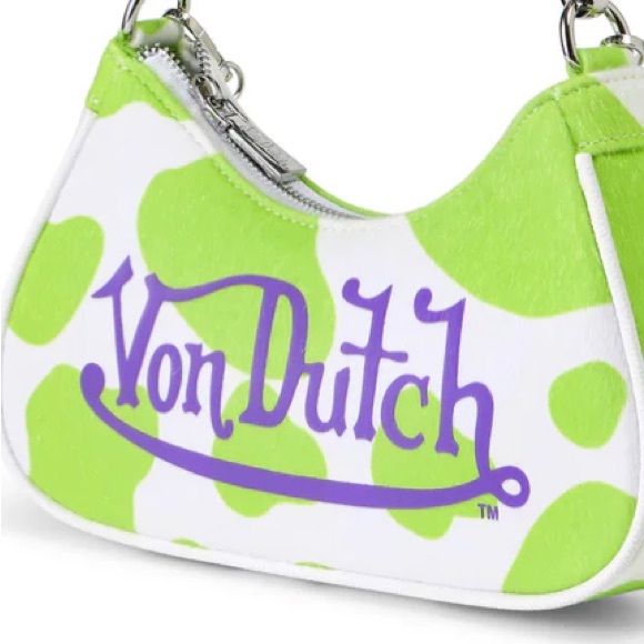 Von Dutch Vegan Pony Hair Lime Green Cow Shoulder Hand Bag with Purple Logo - Picture 9 of 14